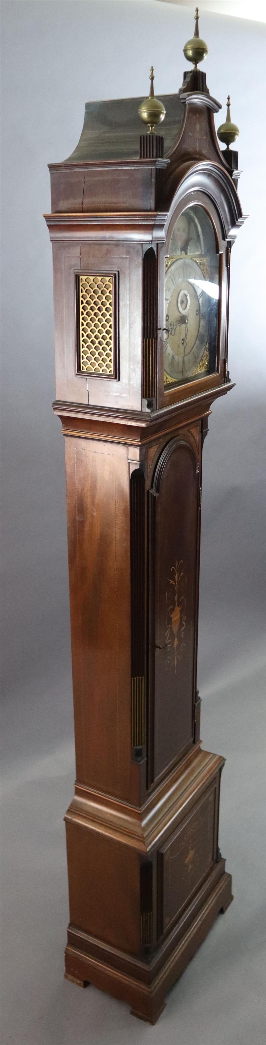 An Edwardian George III style marquetry inlaid chiming eight day longcase clock, H.7ft 2in.